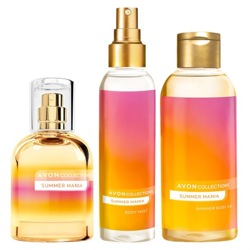 AVON Collections Summer Mania 3-teiliges Duft-Set Eau de Toilette Spray, Körperspray & Körperöl + Geschenktasche GRATIS